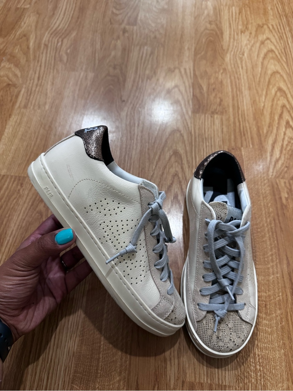 P448 Shoes Women's Cream Leather & Taupe Accent Lace-Up Sneakers size 36